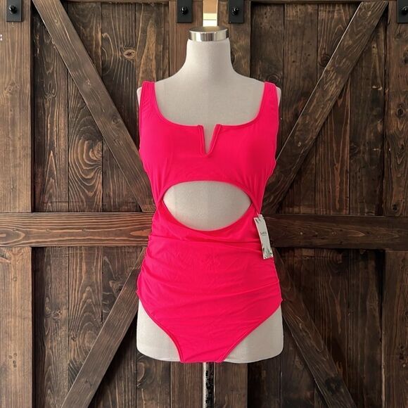 Eomenie Hot Pink Tummy Control One Piece Swimsuit Cutout High Waisted Slimming - Picture 3 of 14